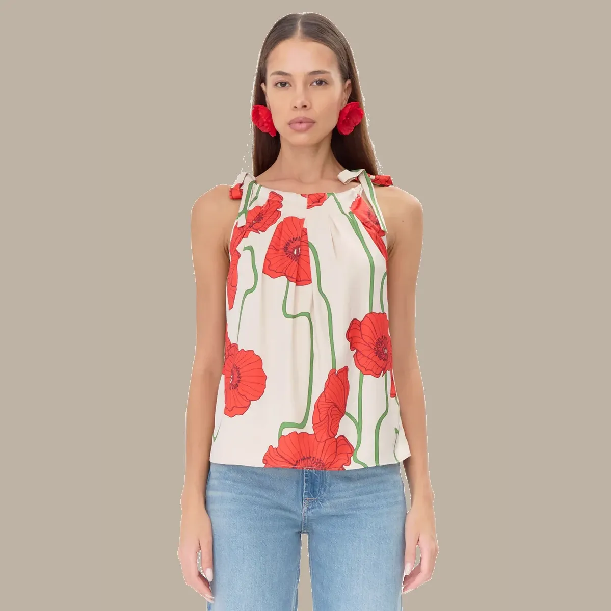Adelyn Rae Anaia Abstract Rose Print Side Tie Top - Cream/Red