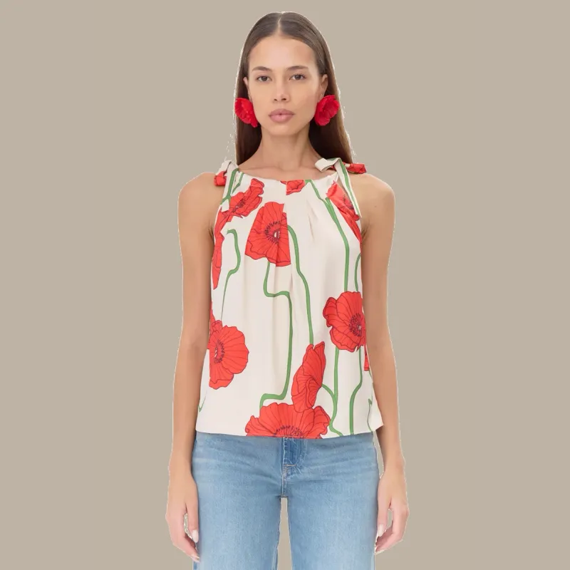 Adelyn Rae Anaia Abstract Rose Print Side Tie Top - Cream/Red