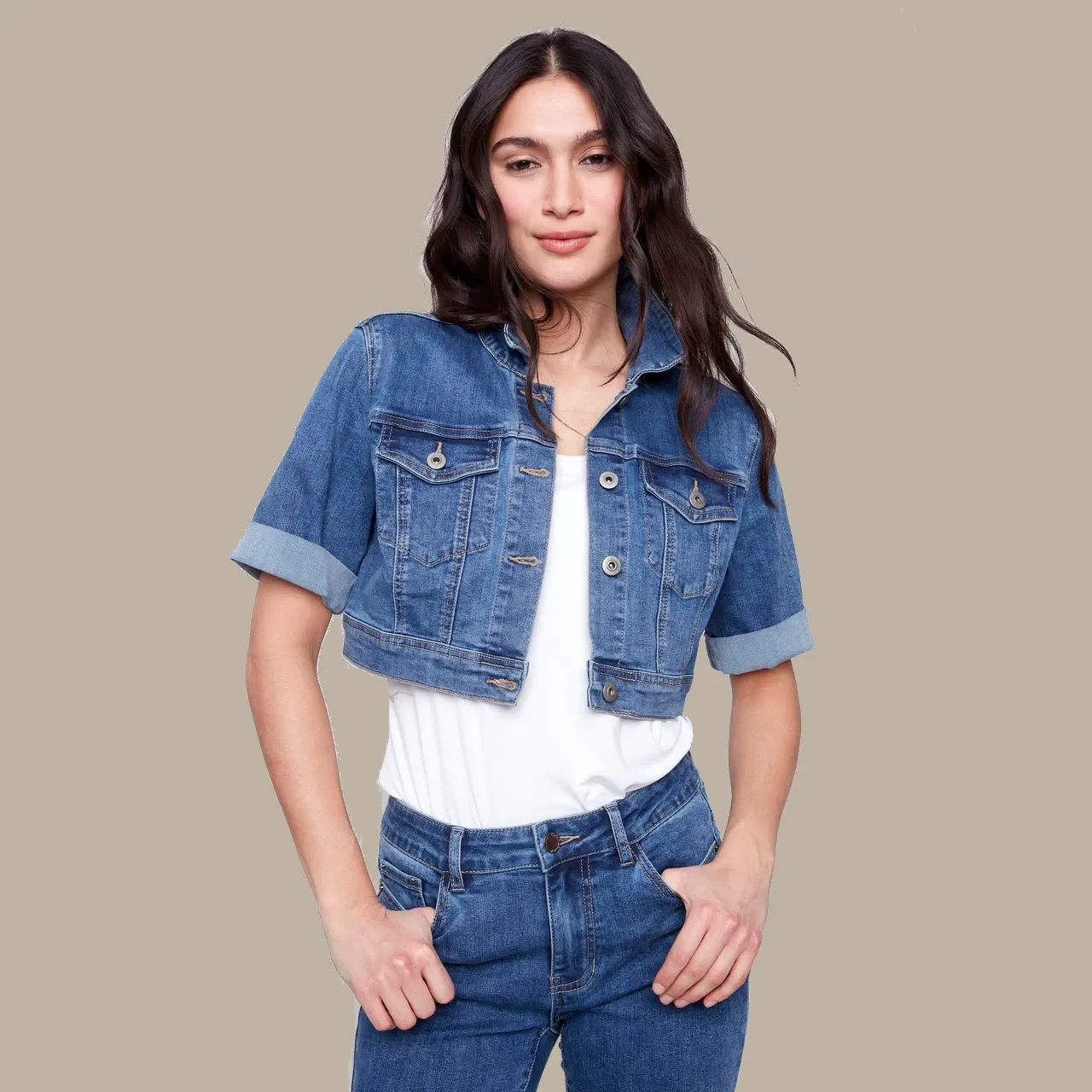 CharlieB Cropped Denim Jacket - Medium Blue