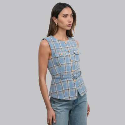 Greylin Sloane Belted Plaid Vest - retro blue
