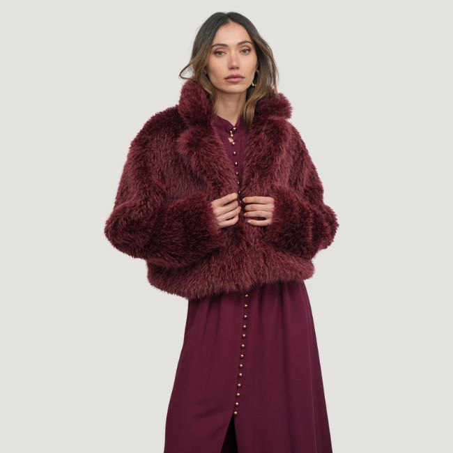 Greylin Maddox Shaggy Faux Fur Cropped Coat - Dark Cherry