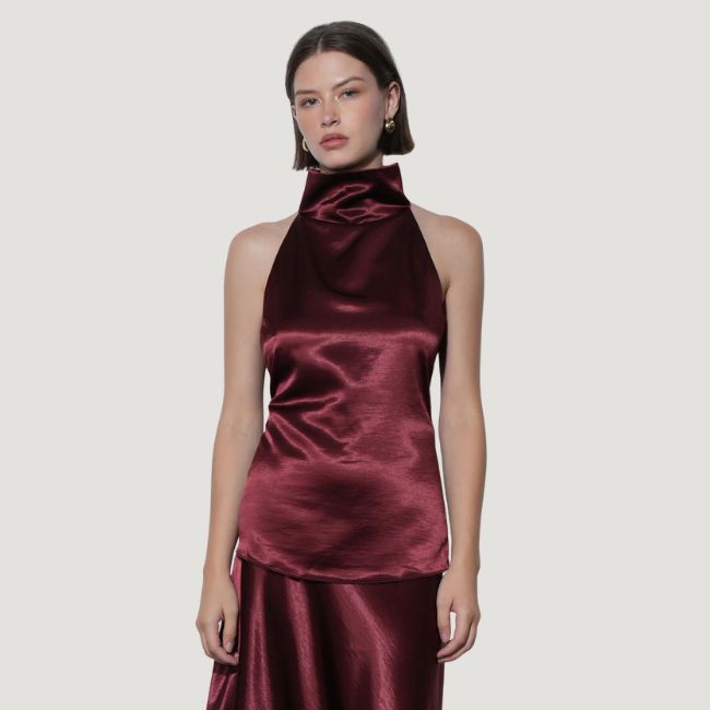 Greylin Addison Cowl Funnel Neck Halter Top - Dark Cherry