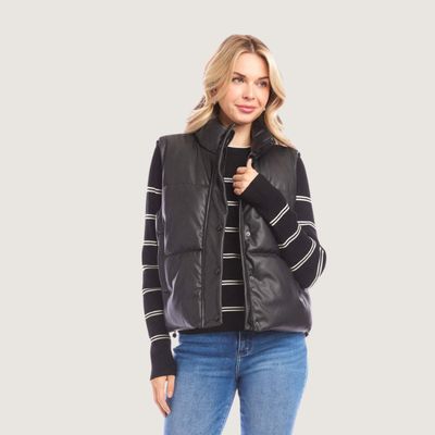 Karen Kane Faux Leather Quilted Puffer Vest - Black