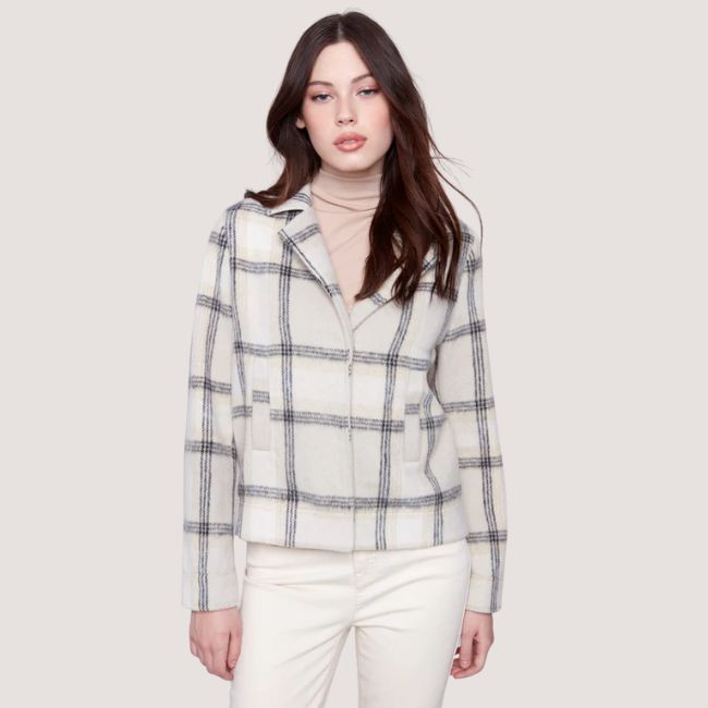 Charlie B Plaid Lurex Knit Short Coat - Beige