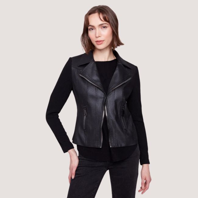 Charlie B Vintage Metallic Faux Leather And Rib Knit Jacket - Black