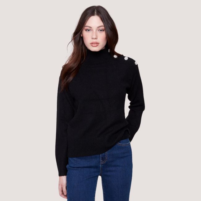 Charlie B Mock Neck Sweater With Fancy Buttons - Black
