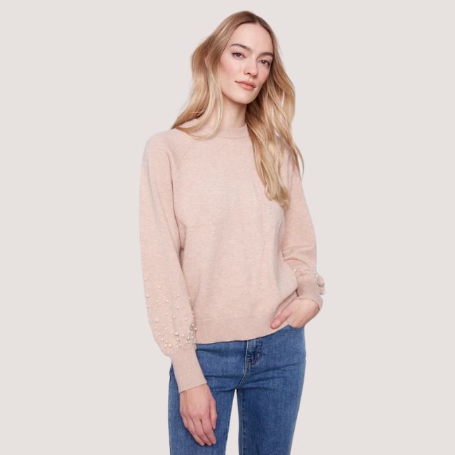 Charlie B Crew Neck Sweater With Pearl Details - Heather Camel