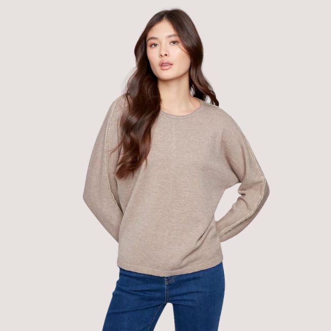 Charlie B Sweater With Metallic Sleeve Detail - Heather Taupe