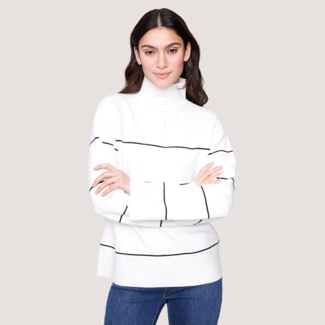 Charlie B Yarn Dye Striped Funnel Neck Sweater - Ecru