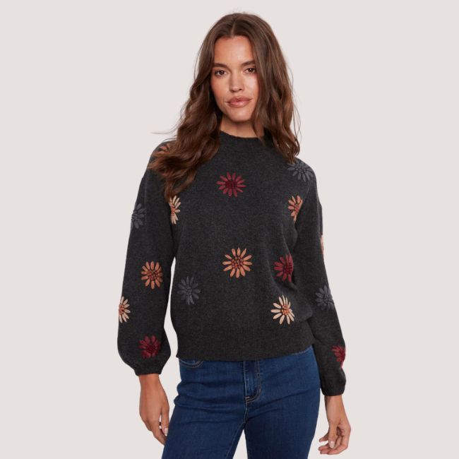 Charlie B Mock Neck Sweater With Floral Embroidery - Heather Charcoal