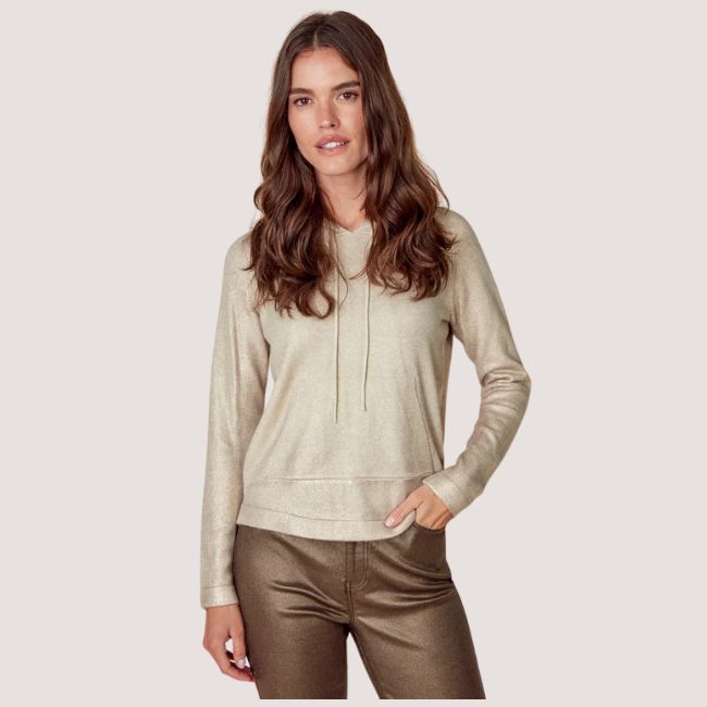 Charlie B Metallic Knit Hoodie Sweater - Champagne