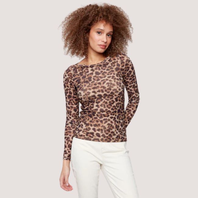 Charlie B Printed Ruched Mesh Top - Leopard
