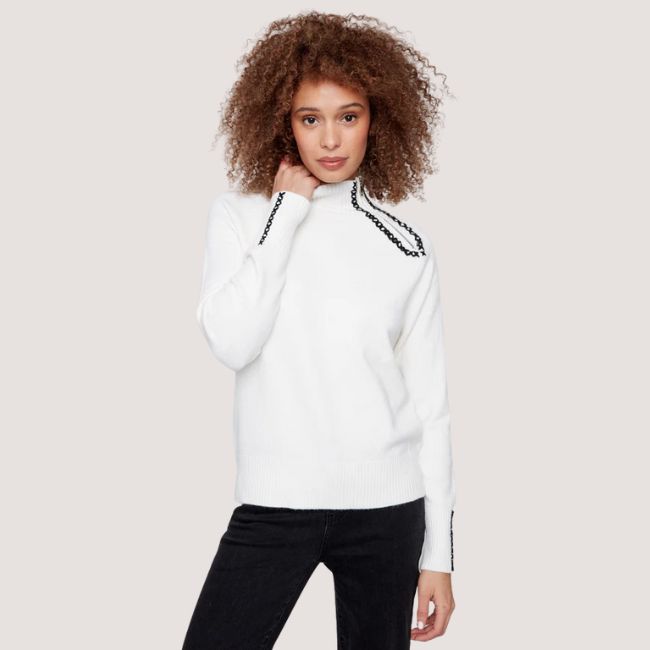 Charlie B Plush Sweater With Heart Stitch And Zipper Detail - Ecru