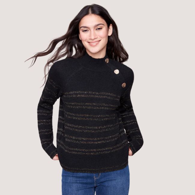 Charlie B Metallic Striped Mock Neck Sweater With Button Details - Black