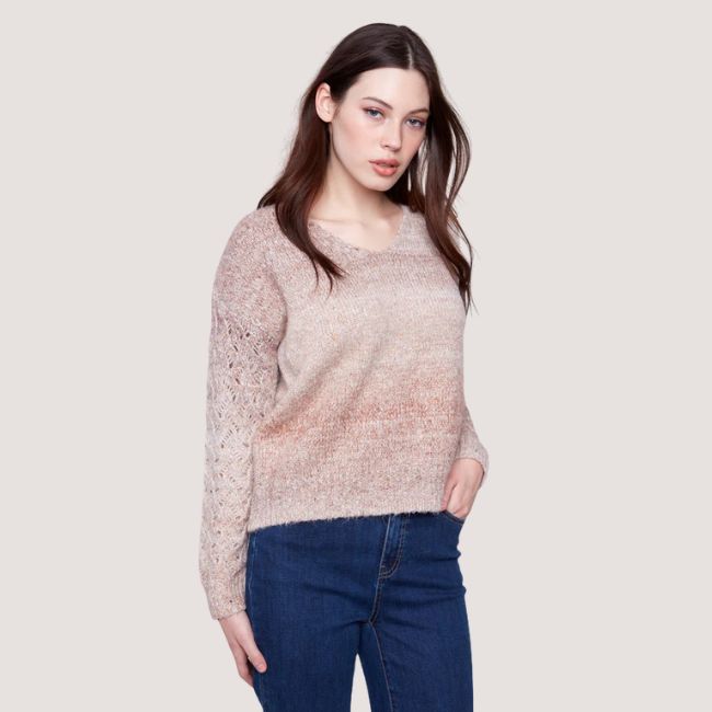 Charlie B Lurex Space Dye V-Neck Sweater - Latte