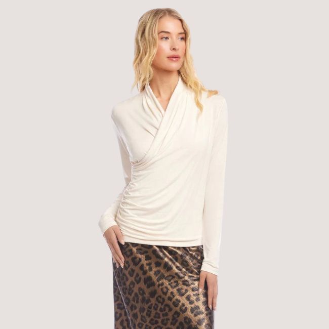 Karen Kane Long Sleeve Crossover Side-Shirred Top - Ecru
