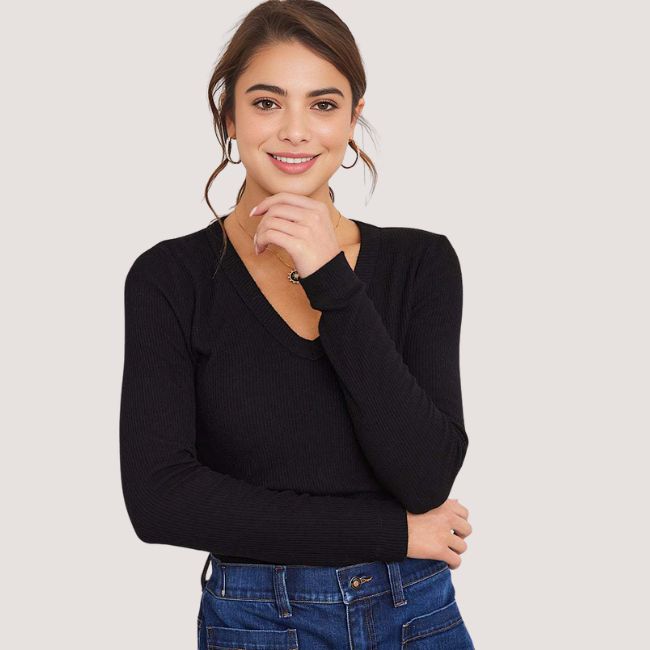 Karen Kane Long Sleeve Ribbed V-Neck Top - Black