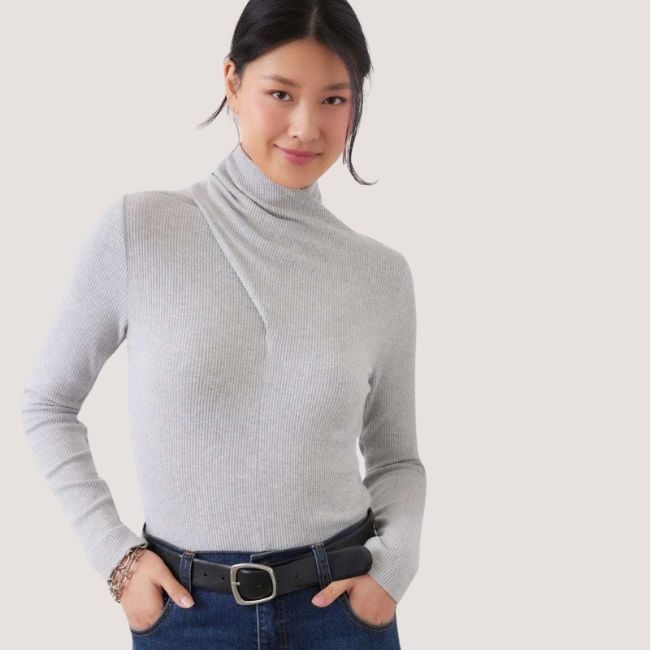 Karen Kane Ribbed Faux Wrap Turtleneck Top - Grey