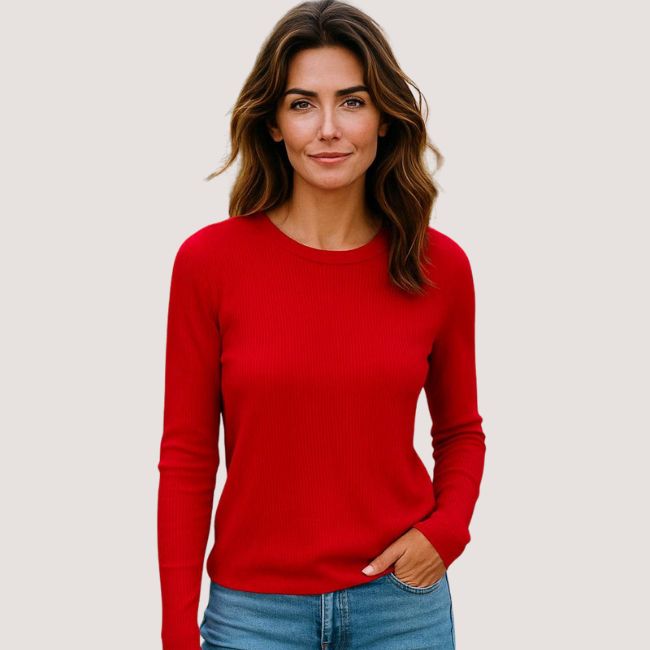 Karen Kane Long Sleeve Ribbed Crewneck Top - Red
