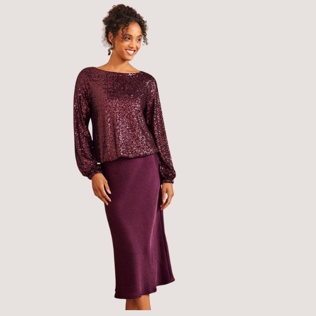 Karen Kane Blouson Sleeve Sequin Boatneck Top - Eggplant