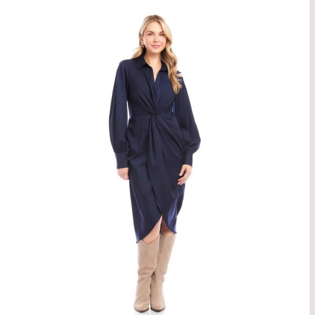 Karen Kane Savannah Twist Front Sateen Midi Dress - Navy