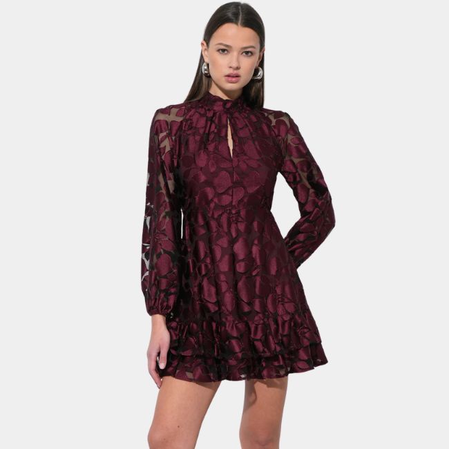 Adelyn Rae Elinor Velvet Burnout Mock Neck Fit &amp; Flare Dress - Wine