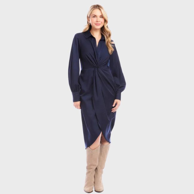 Karen Kane Savannah Twist Front Sateen Midi Dress - Navy