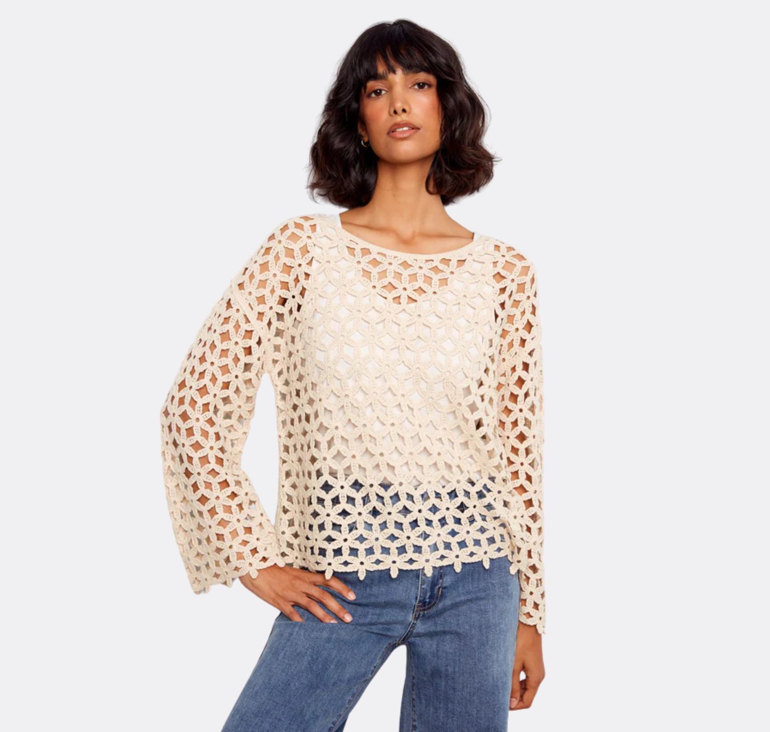 Charlie B Cotton Blend Crochet Flower Top - Natural