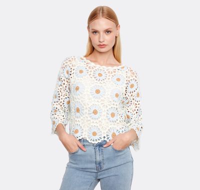 Charlie B Crochet Flower Sweater - Cream