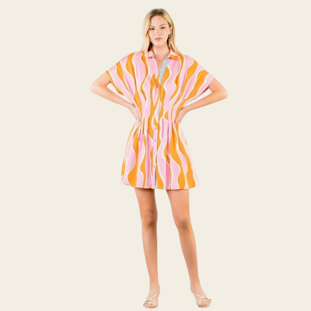 THML Wavy Mini Dress- Pink and Orange