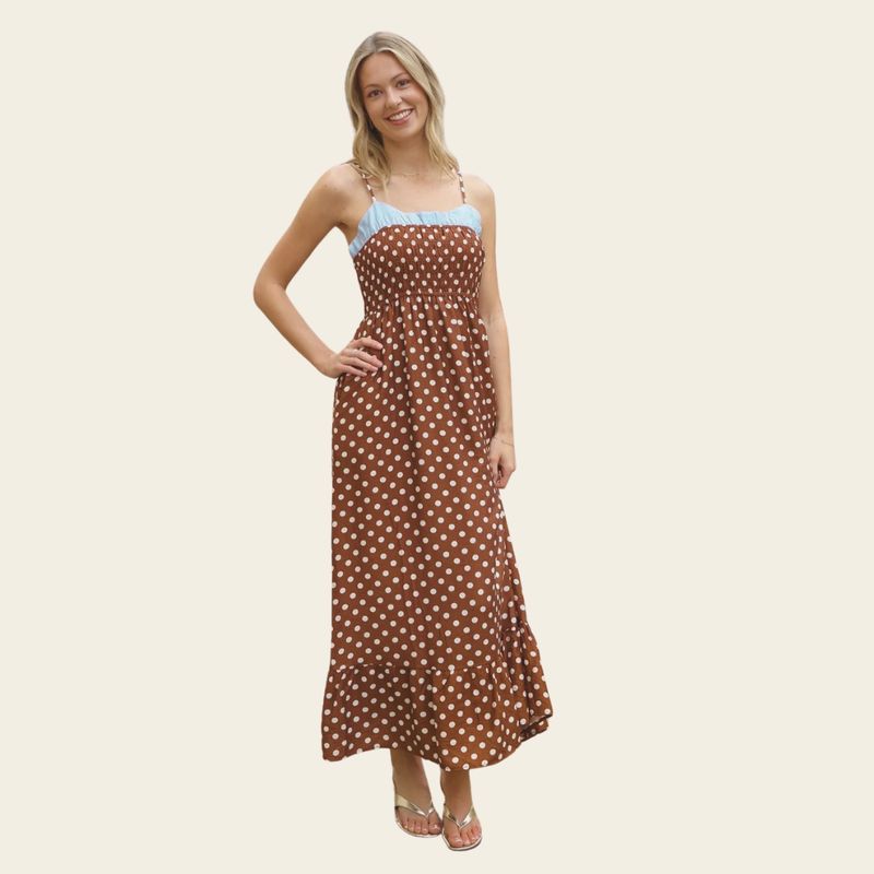 THML Polka Dot Maxi Dress- Brown &amp; Light Blue