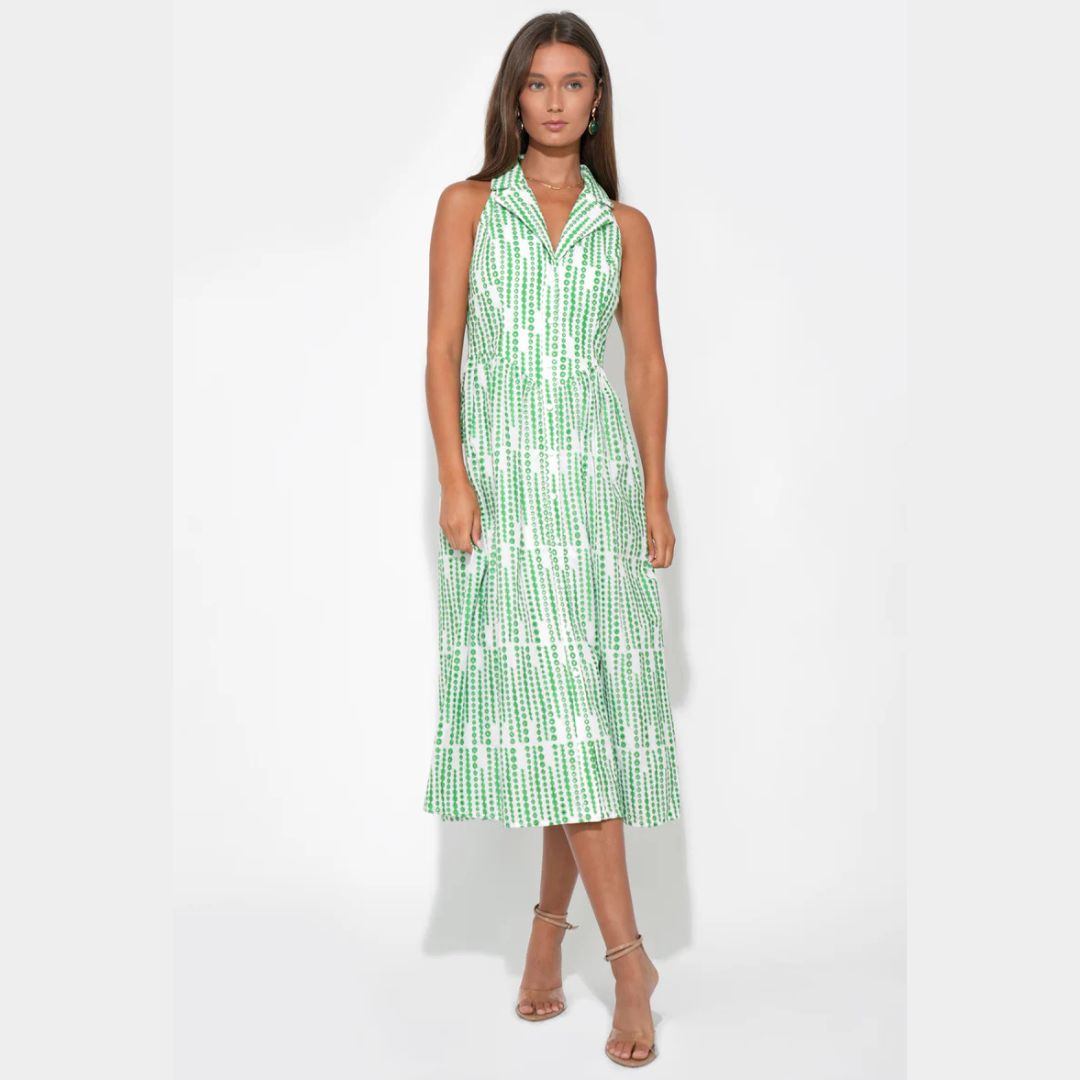 Adelyn Rae Ruby Halter Embroidery Midi Dress - White/Green