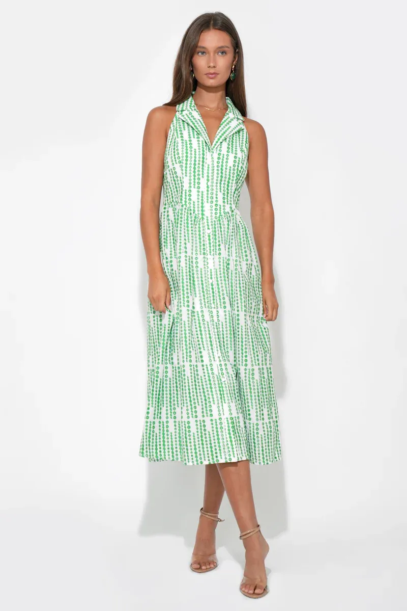 Adelyn Rae Ruby Halter Embroidery Midi Dress - White/Green