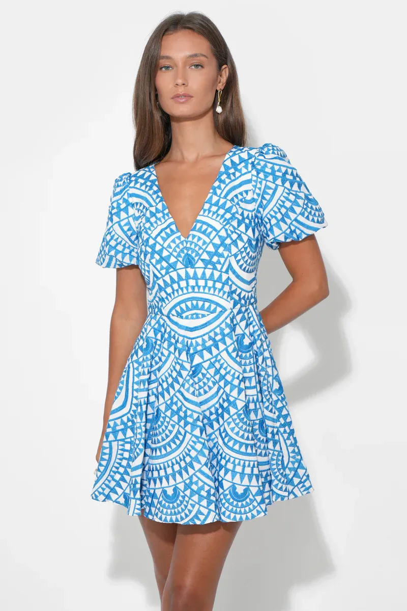 Adelyn Rae Genesis Fit &amp; Flare Embroidery Mini Dress - White/Blue