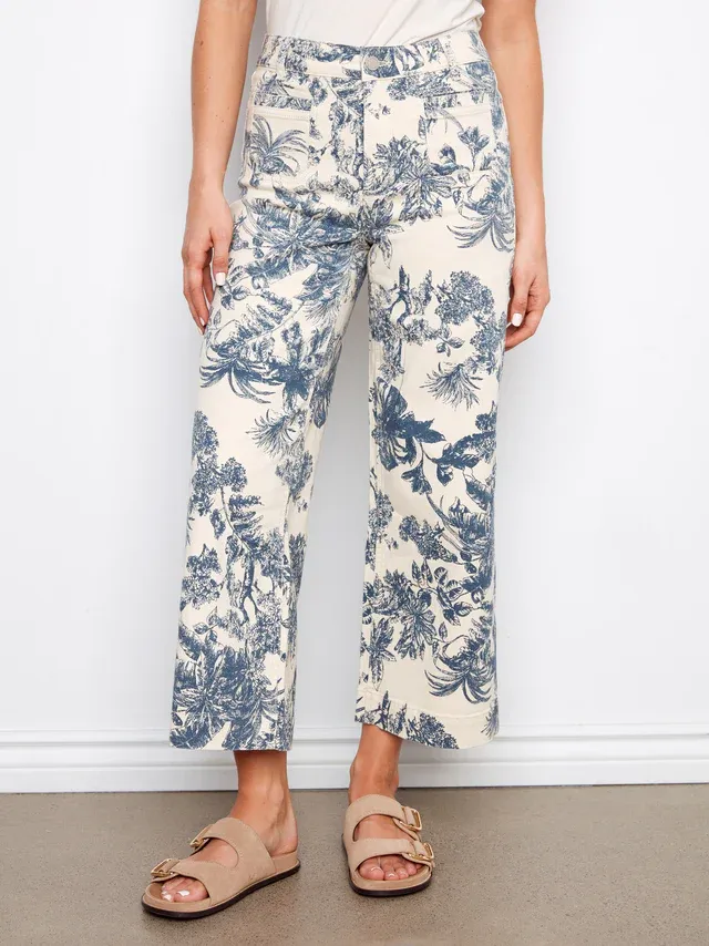 Charlie B Printed Cropped Patch Pocket Flare Twill Pants - Versailles