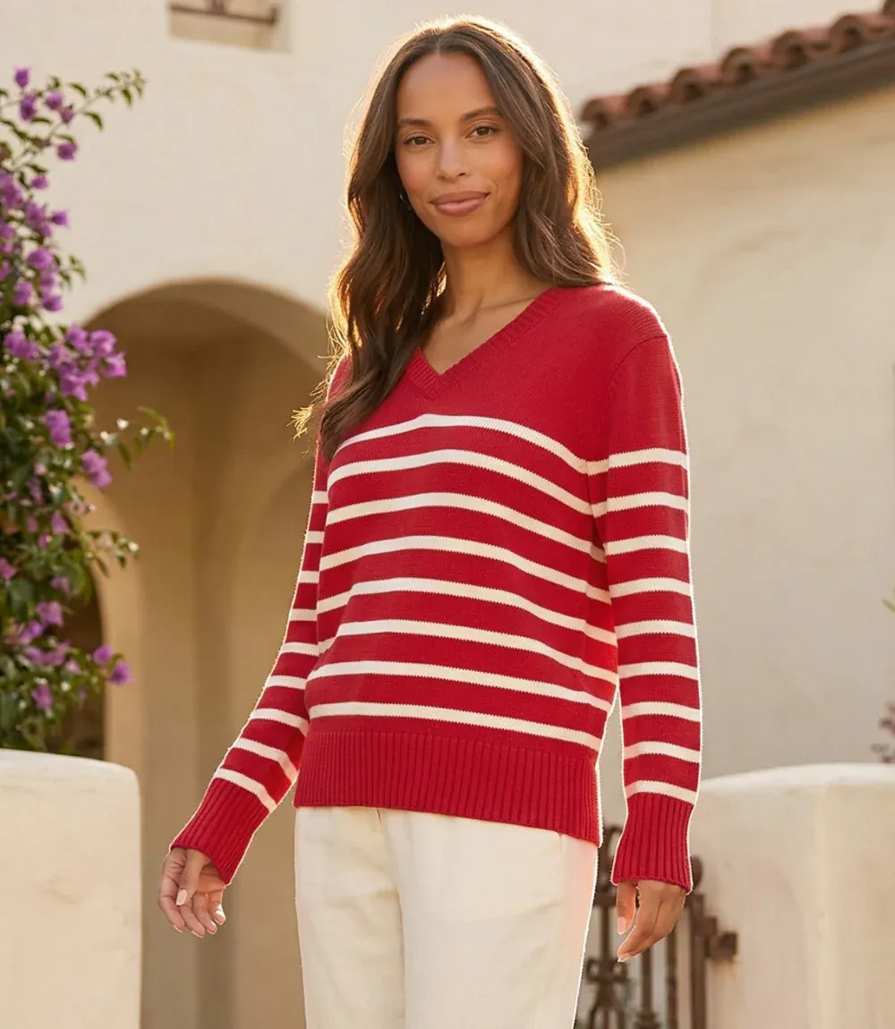 Karen Kane Striped V-neck Sweater - Red/White