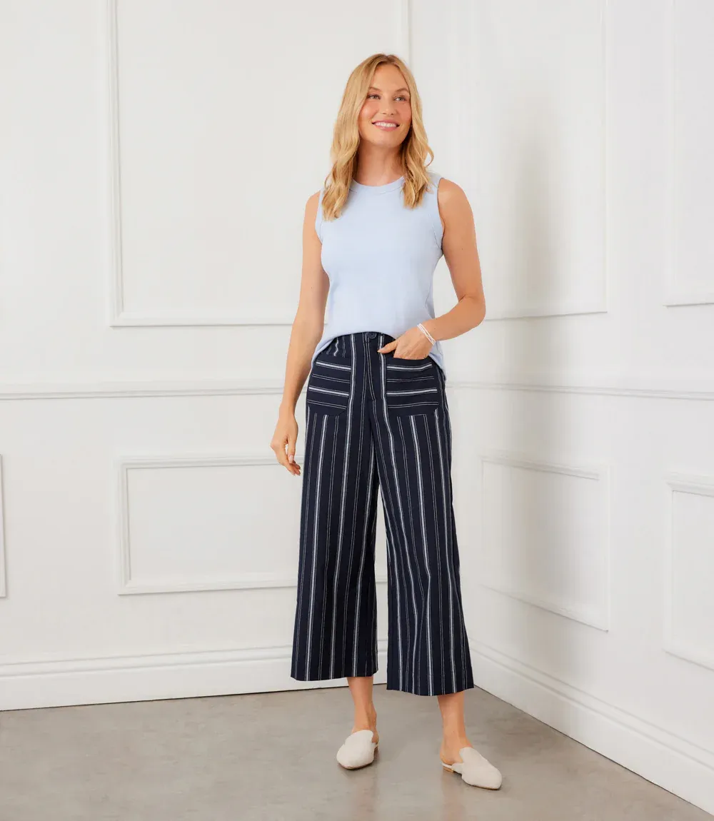 Karen Kane Stripe Wide Leg Pant - Navy/Light Blue