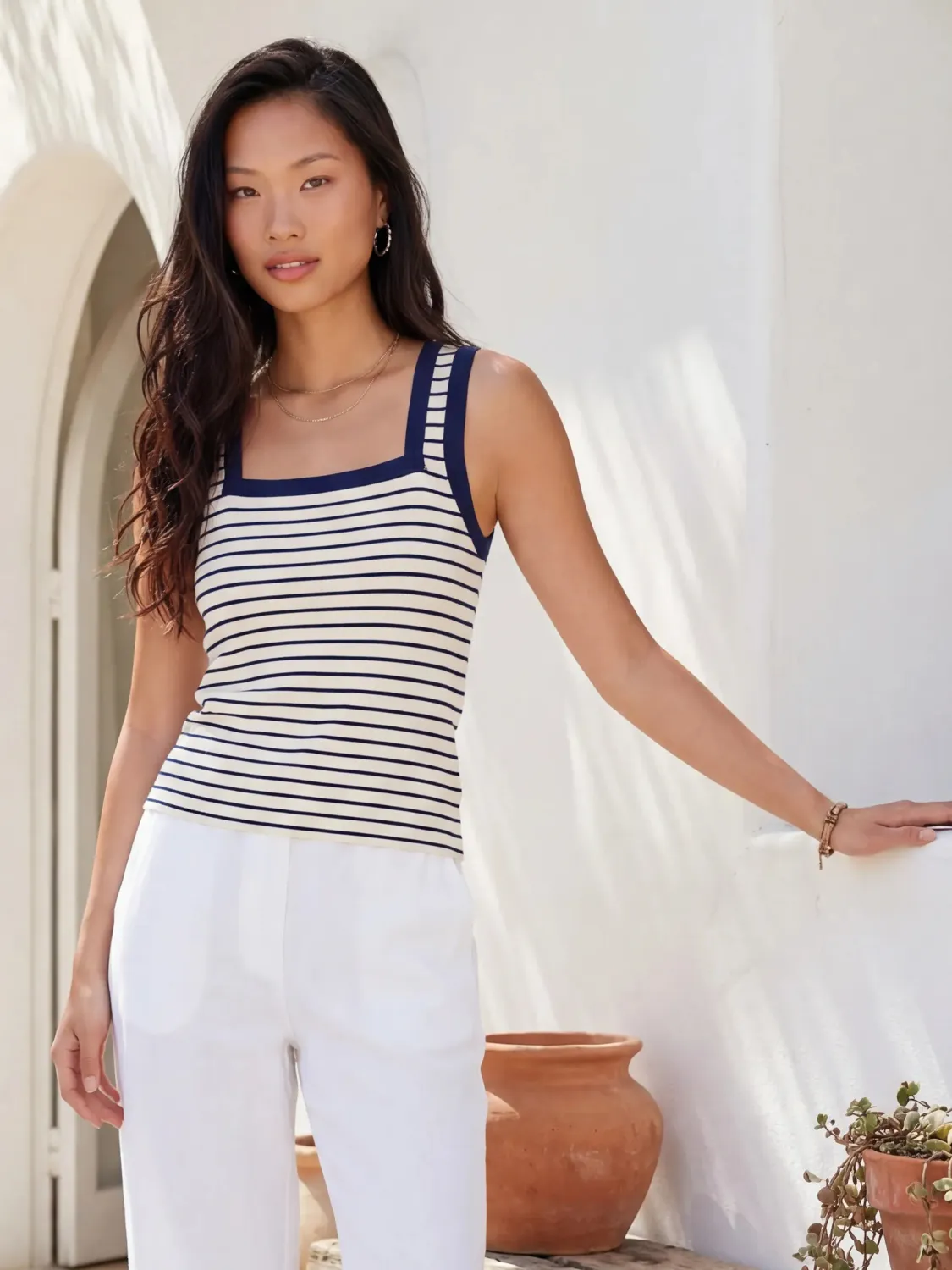 Fifteen Twenty Mindy Contrast Tank - Cream w/Navy