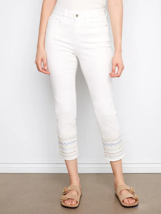 Charlie B Embroidered Hem Jeans - White