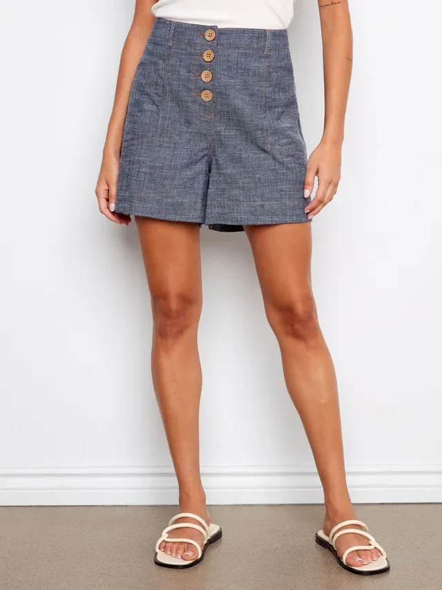 Charlie B Linen Blend Button-Front Shorts - Indigo