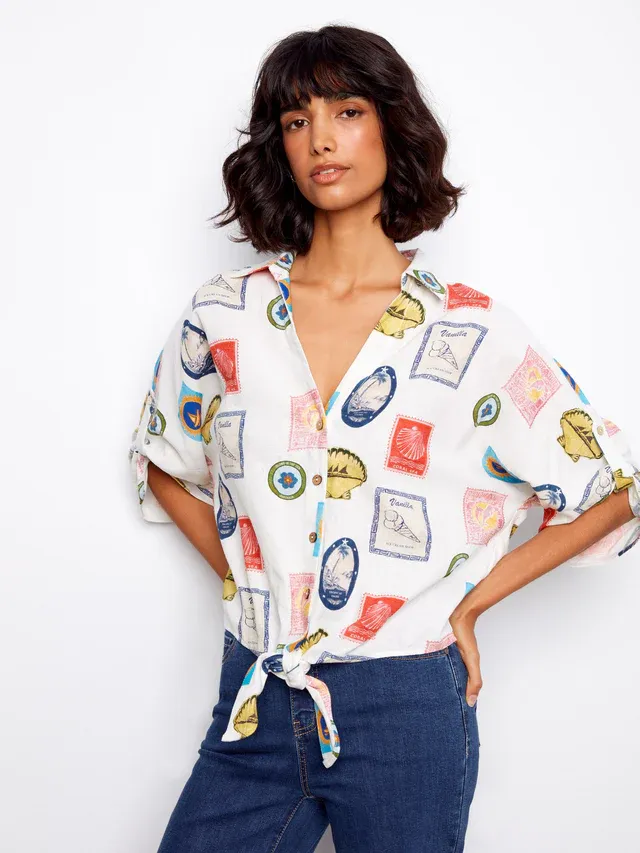 Charlie B Printed Linen Blend Front-Tie Blouse - Postcard