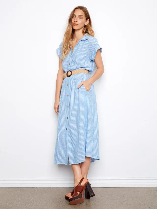 Charlie B Striped Linen Blend Maxi Dress With Belt - Bluebell