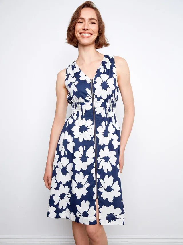 Charlie B Cotton Voile Printed Front-Zip Dress - Dahlia