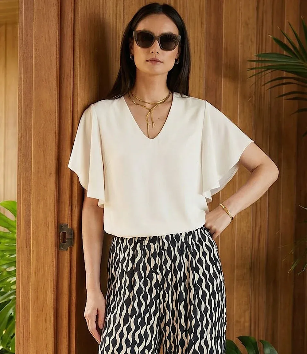 Karen Kane Flutter Sleeve V-Neck Top - Ecru