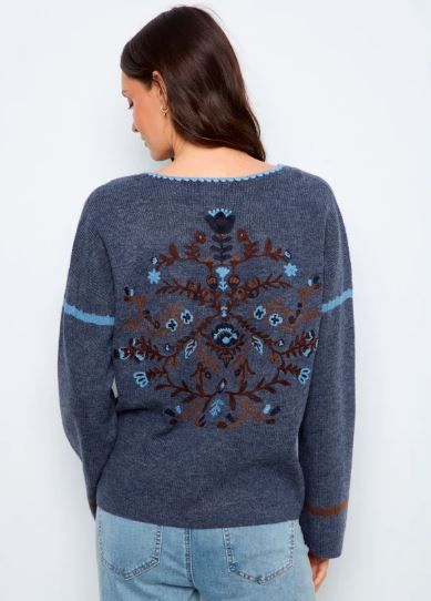 Charlie B Sweater Embroidered Back -Blue