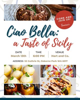 Ciao Bella; A Taste of Sicily CLASS MARCH 13th 6PM