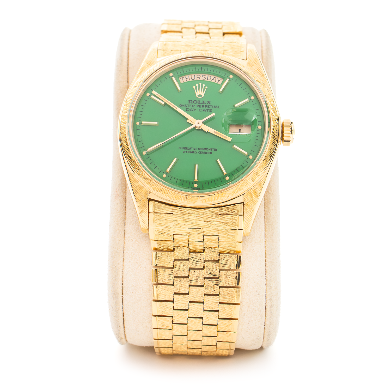 ​ROLEX 1806 Day-Date Green STELLA Dial Florentine Finish Brick Bracelet 1966 Yellow Gold