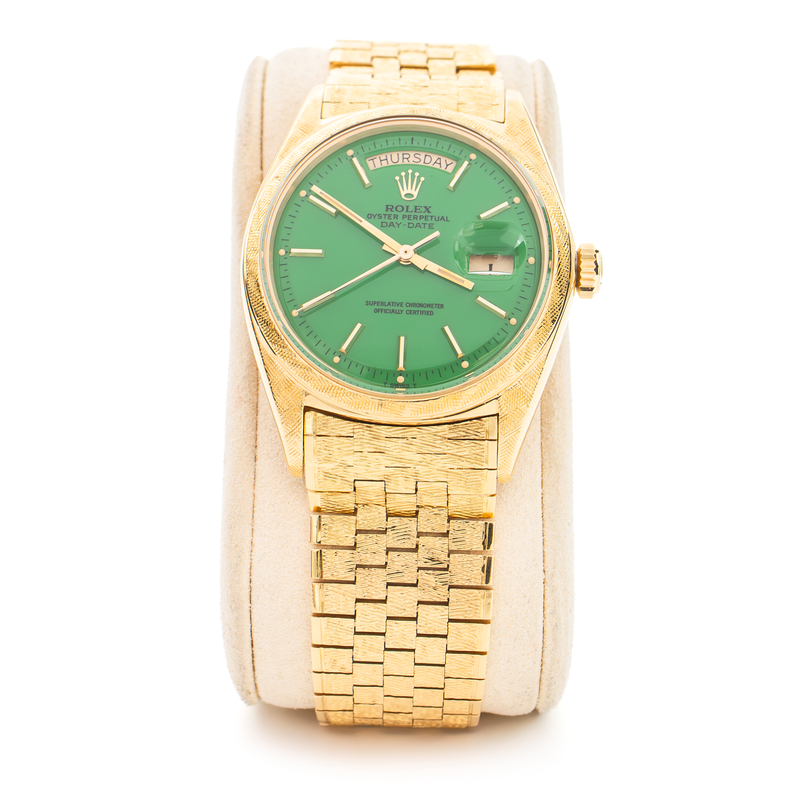 ​ROLEX 1806 Day-Date Green STELLA Dial Florentine Finish Brick Bracelet 1966 Yellow Gold