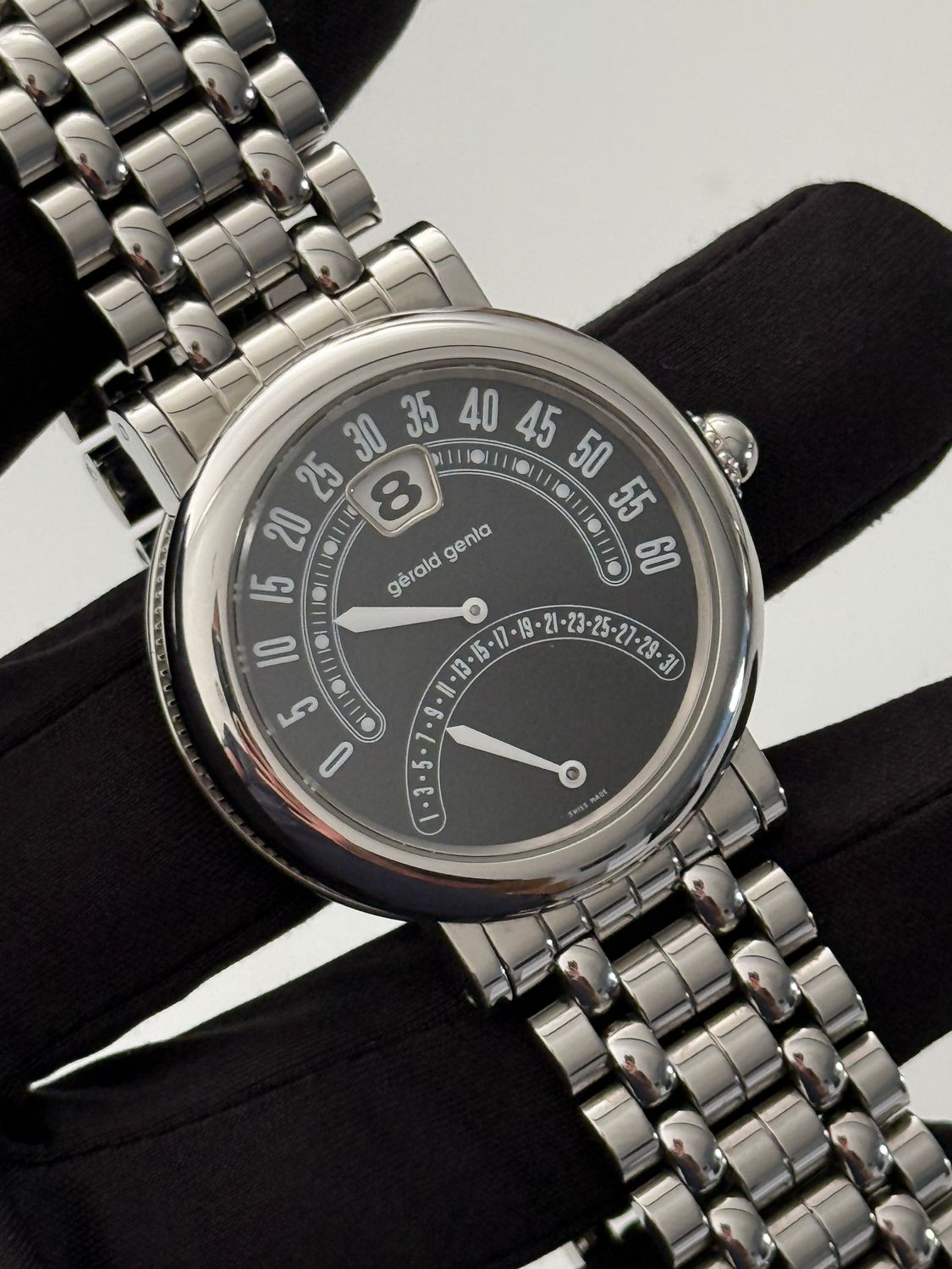 ​GERALD GENTA Bi-Retro G.3734 Jump Hour Retrograde Black Automatic 36mm Stainless Steel FULL SET 2000’s