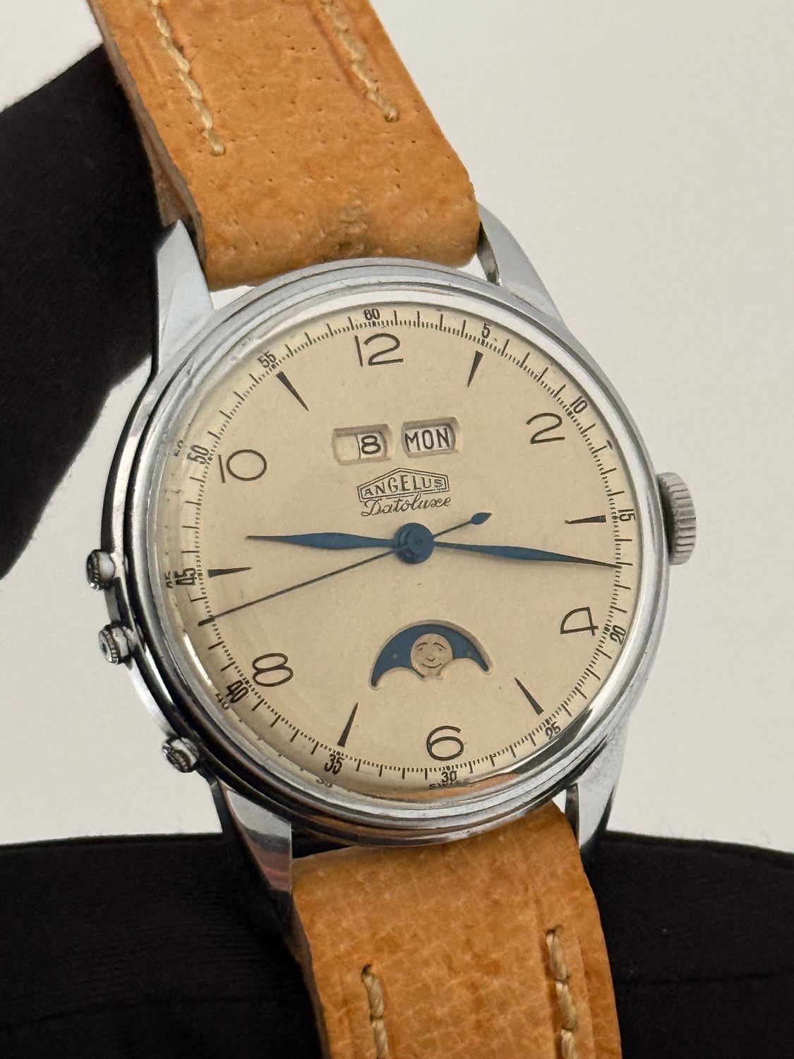 ​ANGELUS Datoluxe Day-Date Moonphase Calendar Stainless Steel Silver Dial Patina 256 Manual 34.5mm Vintage 1948